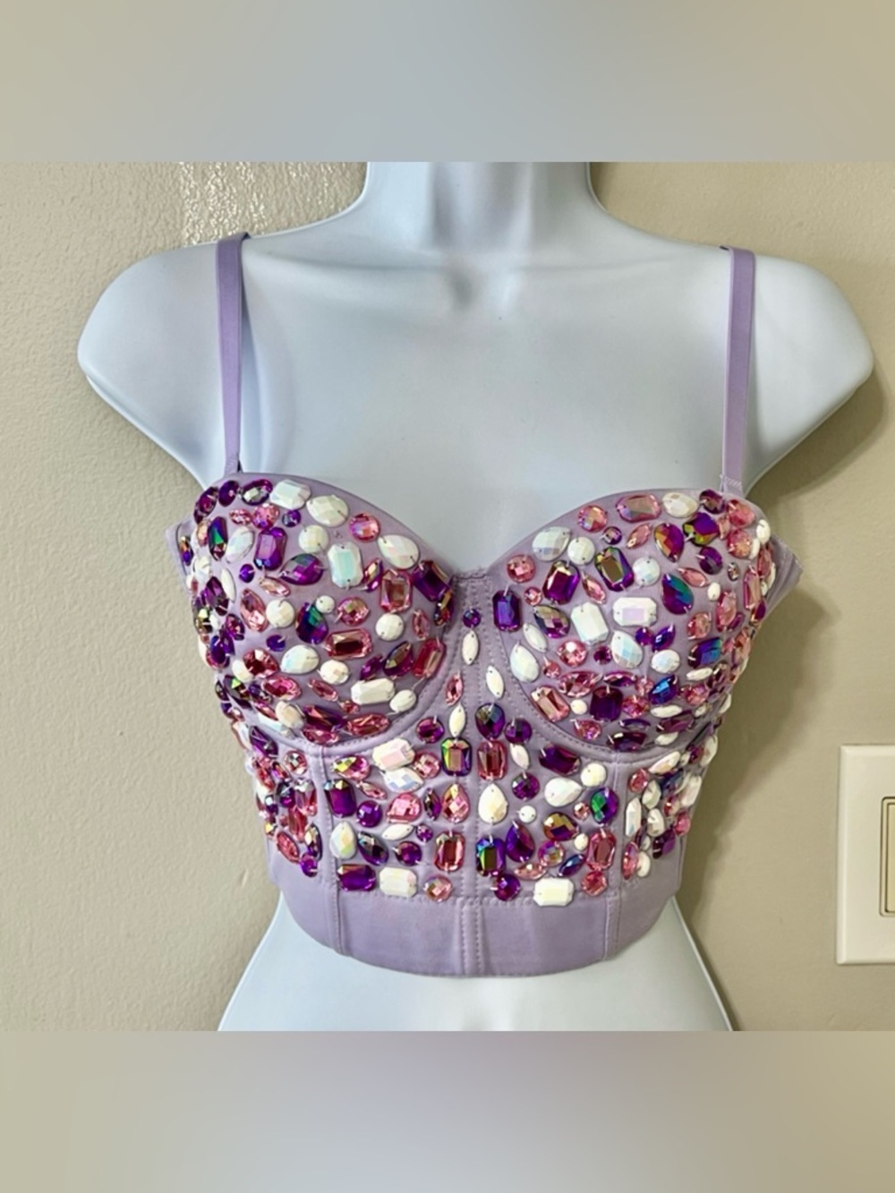 Rhinestone Bustier Crop Top Purple Lavender Crystal Embellished Corset 36B Party